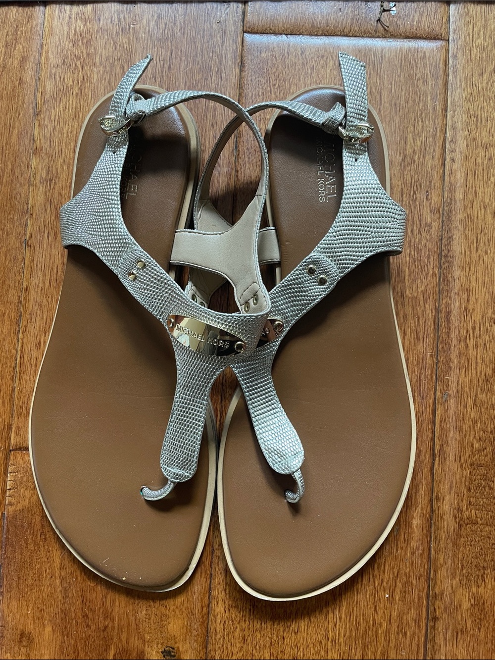 Michael Kors Silver Lizard-Texture T-Strap Sandals